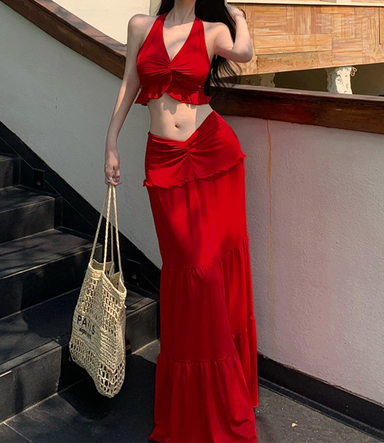 V-Neck Halter Top & High-Waist Skirt Set - Red