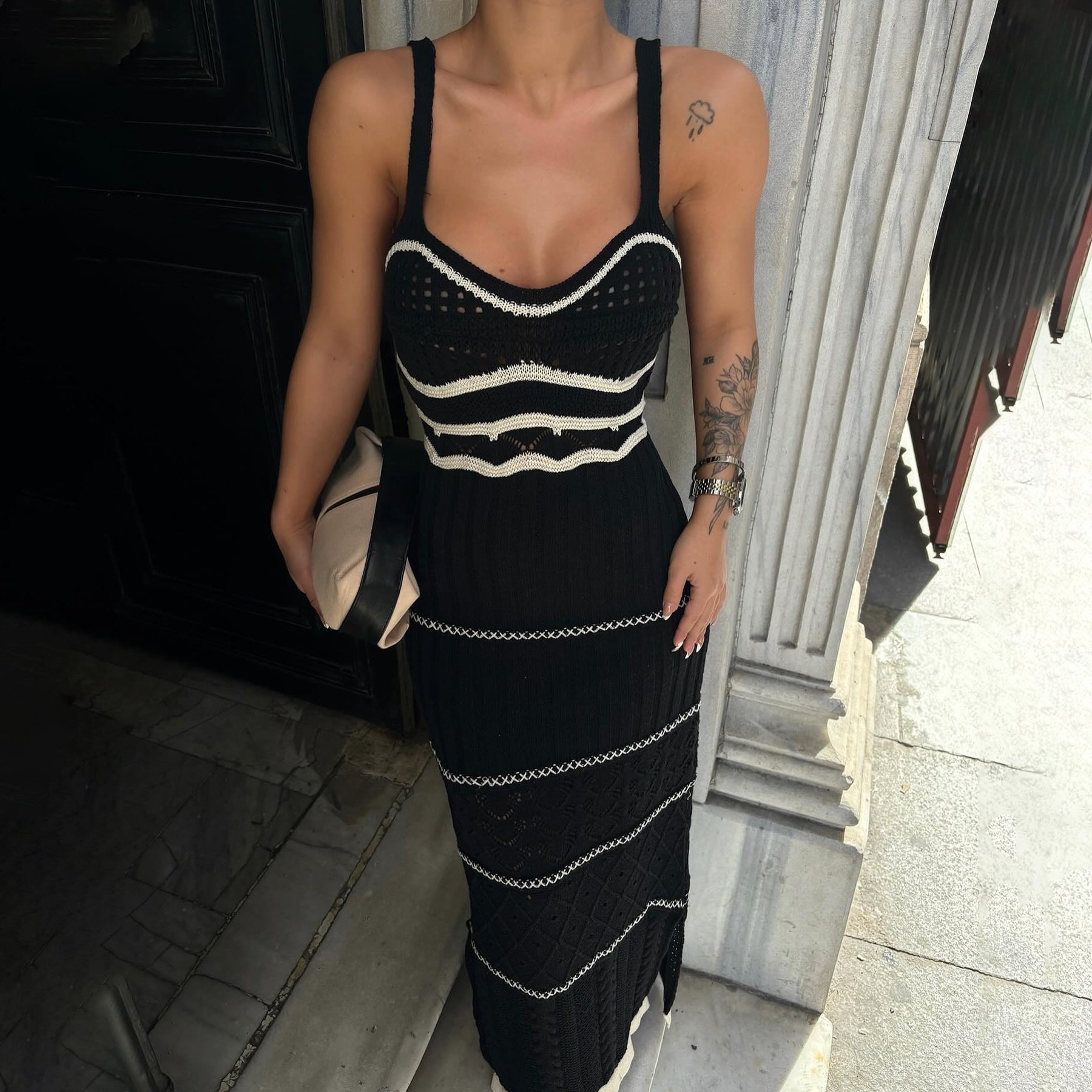 Knitted Contrast Color Hollow Out Sling Dress