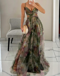 Mesh Print Sleeveless Slip Dress - Army Green
