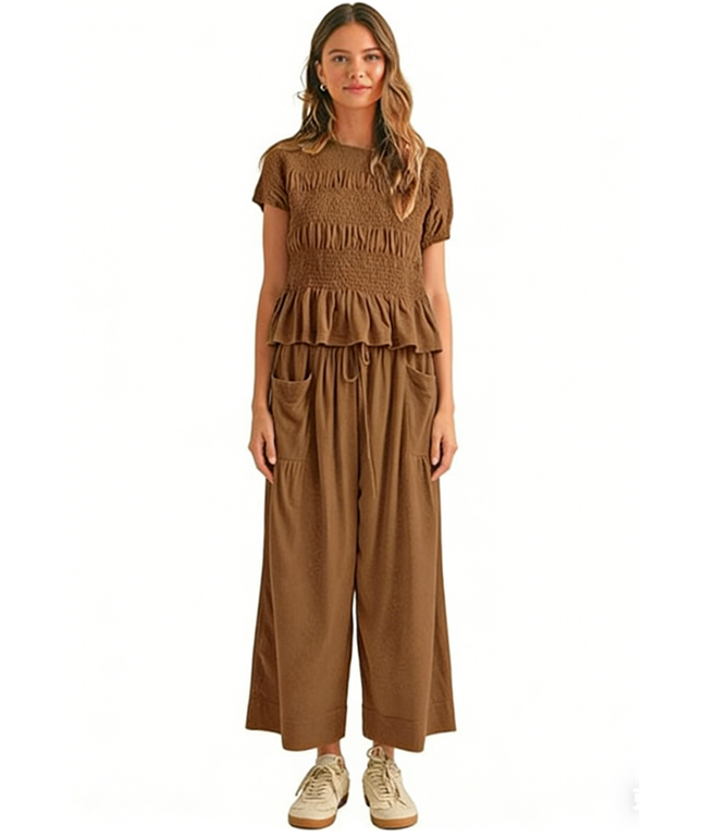 Sleeveless Top & Pleated High-Waist Wide-Leg Pants Set - Brown
