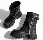 Denim Leather Lace-Up Chunky Heel Ankle Boots
