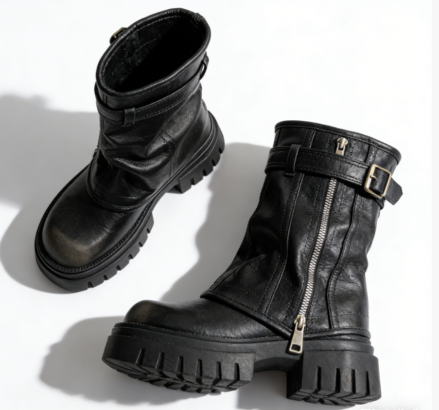 Denim Leather Lace-Up Chunky Heel Ankle Boots