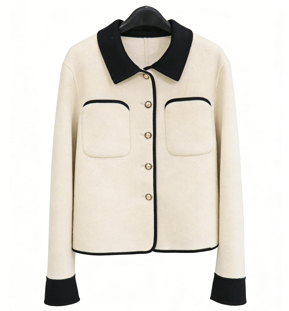 Korean Color-Block Wool Pocket Short Coat - Beige