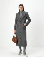 Double-Breasted Long Button Wool-Blend Winter Coat - Gray