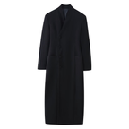 Faux Fur Collar Shoulder-Padded Waist-Cinching Long Wool Coat - Black