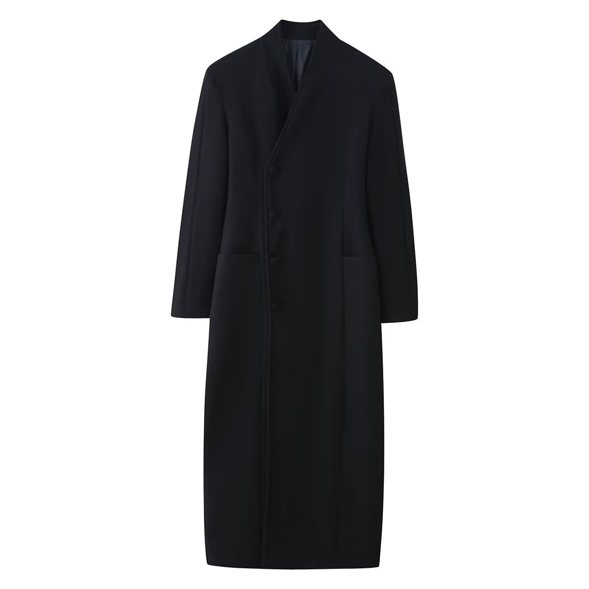 Faux Fur Collar Shoulder-Padded Waist-Cinching Long Wool Coat - Black