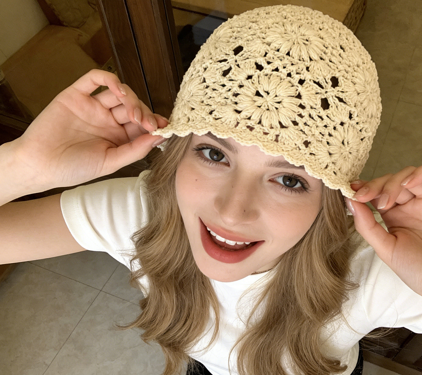 Handmade Crochet Tassel Hollow Bucket Hat - Hand Crocheting Beige