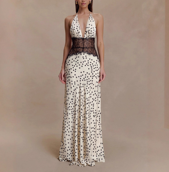 Polka Dot Halterneck High Waist Lace Maxi Dress
