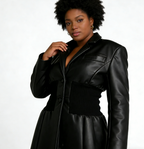 PU Leather Patchwork Knit Waisted Long Sleeve Coat