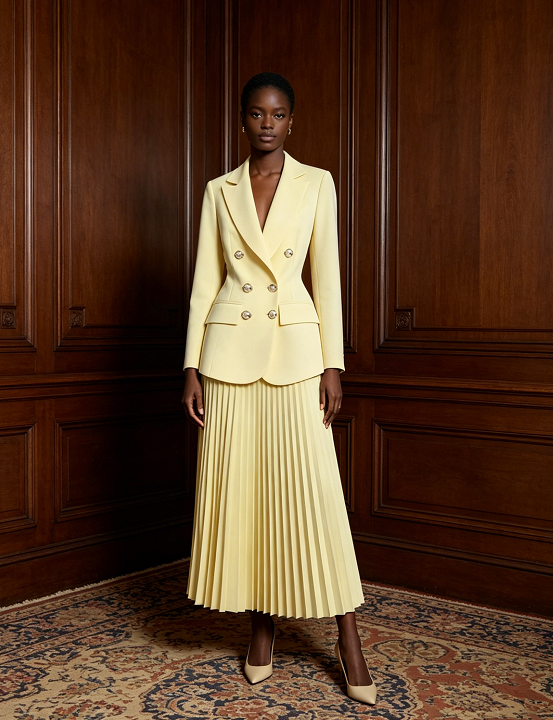 Button Patchwork Long Sleeve Coat & Skirt Set - Yellow