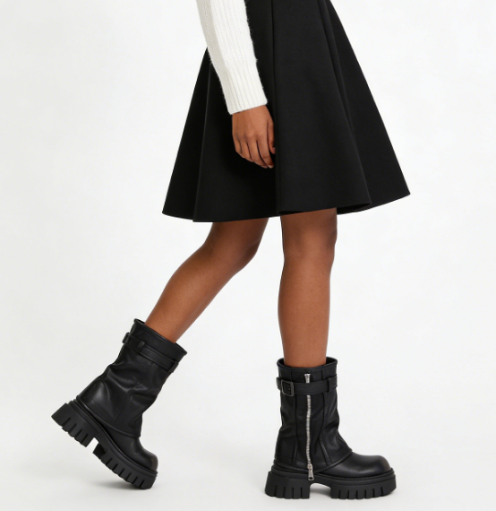 Denim Leather Lace-Up Chunky Heel Ankle Boots
