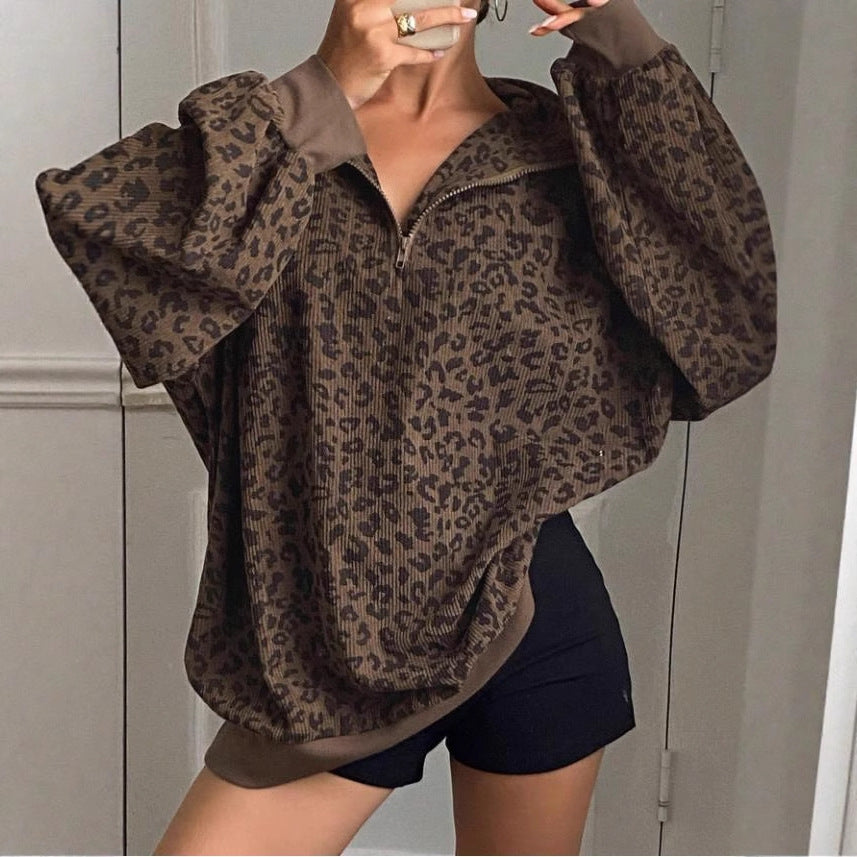 Leopard Print Corduroy Zip-Up Loose Sweatshirt