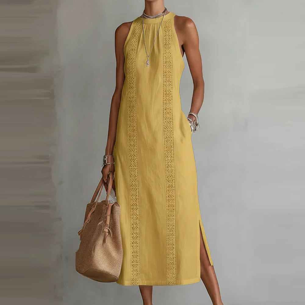 Women's Lace Patchwork Sleeveless Midi Dress - Yellow
