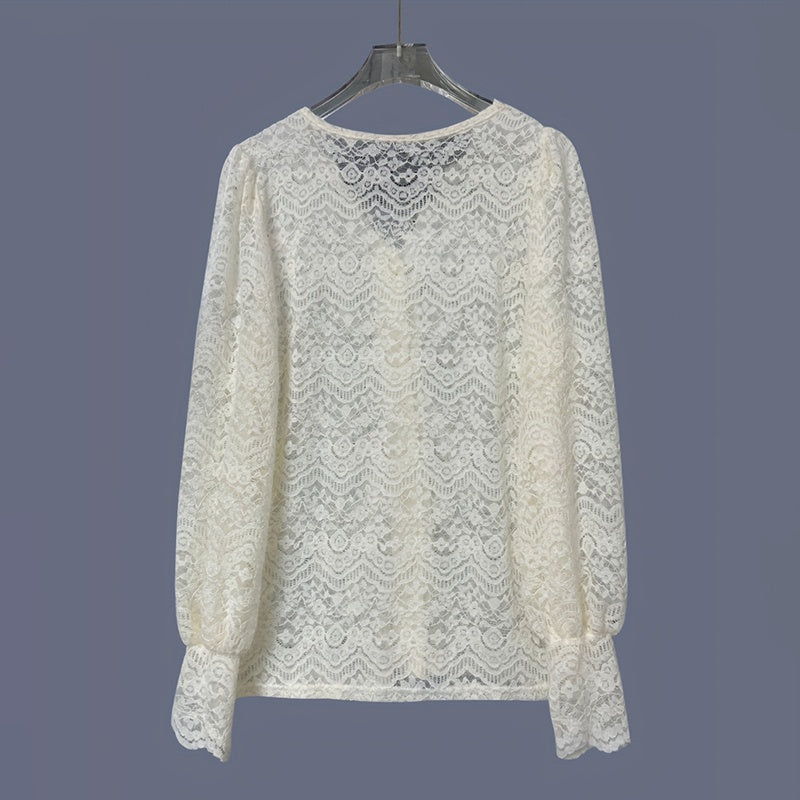 V-Neck Lace Trim Button-Down Blouse - Apricot