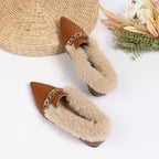 Pointed Toe Square Buckle Fluffy Low Heel Loafers