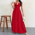 Women's Backless Halterneck Maxi Dress - Red
