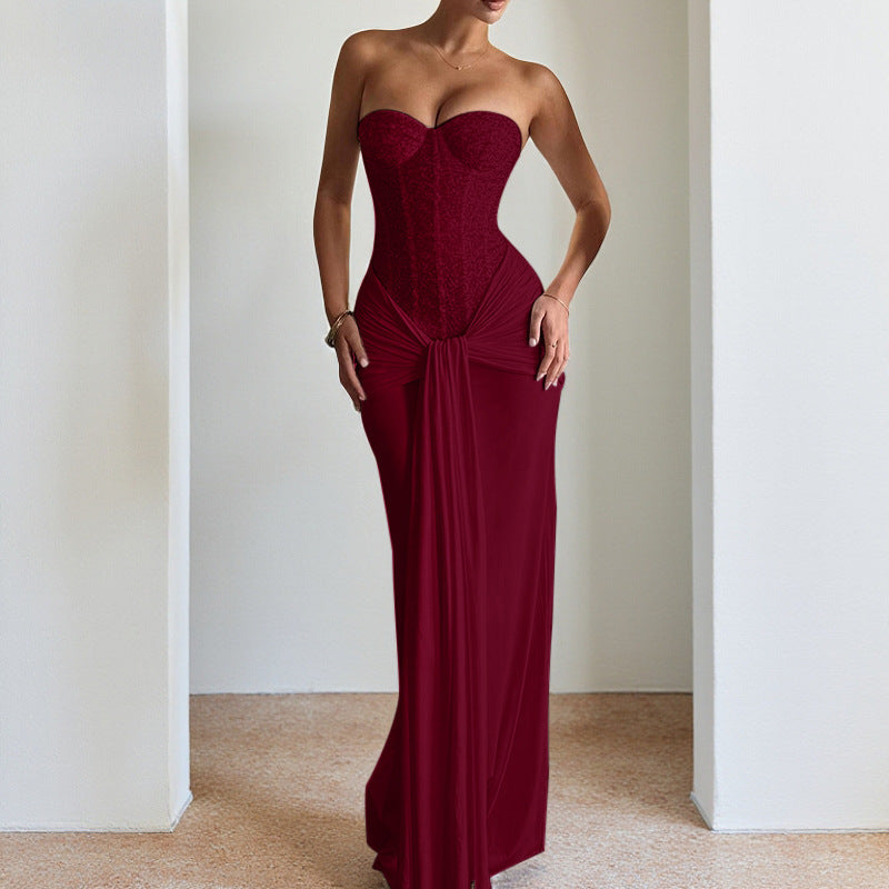 Strapless Waist-Cinching Slim Pencil Maxi Dress - Wine Red