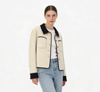 Korean Color-Block Wool Pocket Short Coat - Beige