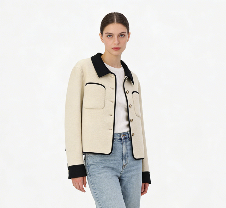 Korean Color-Block Wool Pocket Short Coat - Beige