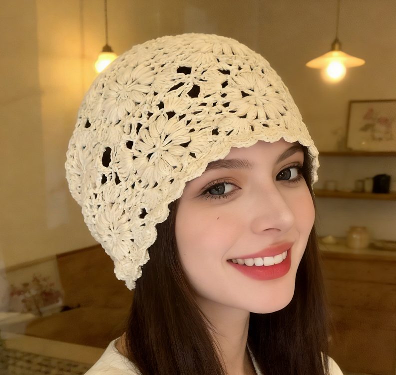 Handmade Crochet Tassel Hollow Bucket Hat - Hand Crocheting Beige