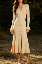 V-neck Single Breasted Bell Sleeve Slim Fit Dress
