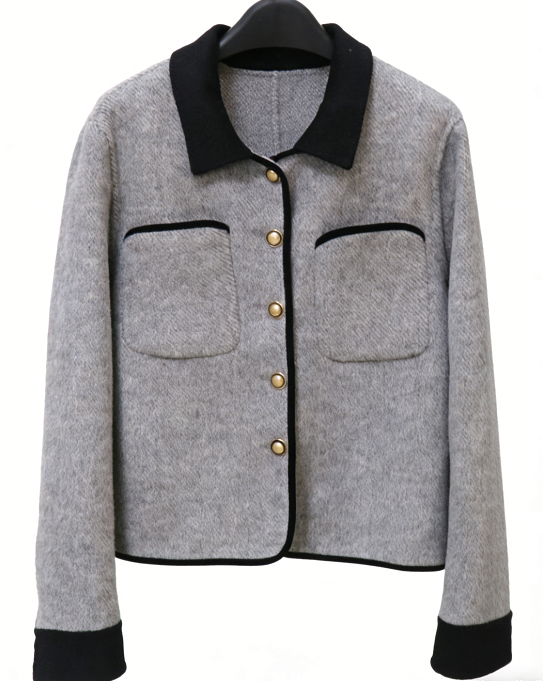 Korean Color-Block Wool Pocket Short Coat - Gray