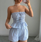 Striped Ruffle Crop Top & Elastic Waist Shorts Set - Blue