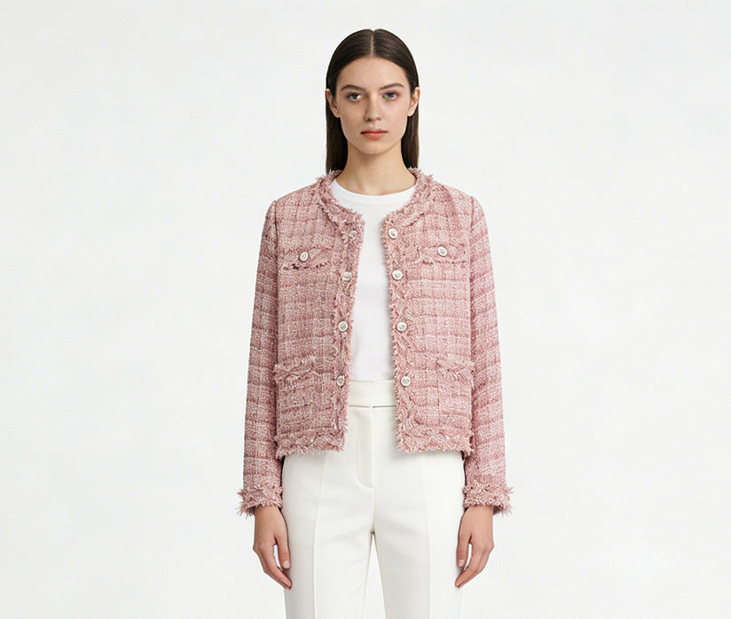 Plaid Tweed Loose Long Sleeve Cardigan Coat - Pink