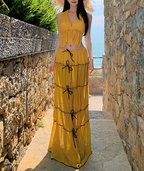 Women's Backless Lace Up Off-Shoulder Two-Piece Suit in Ginger - High Waist Pleated Long Skirt Set