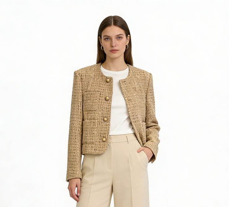 Patchwork Pocket Long Sleeve Short Coat - Beige
