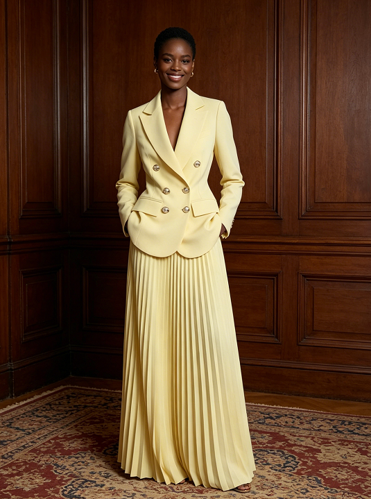 Button Patchwork Long Sleeve Coat & Skirt Set - Yellow