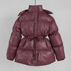 Hooded Drawstring Slim Zip-Up Cotton-Padded Coat - Wine Red