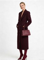 Double-Breasted Long Button Wool-Blend Winter Coat - Burgundy Red