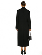 Faux Fur Collar Shoulder-Padded Waist-Cinching Long Wool Coat - Black