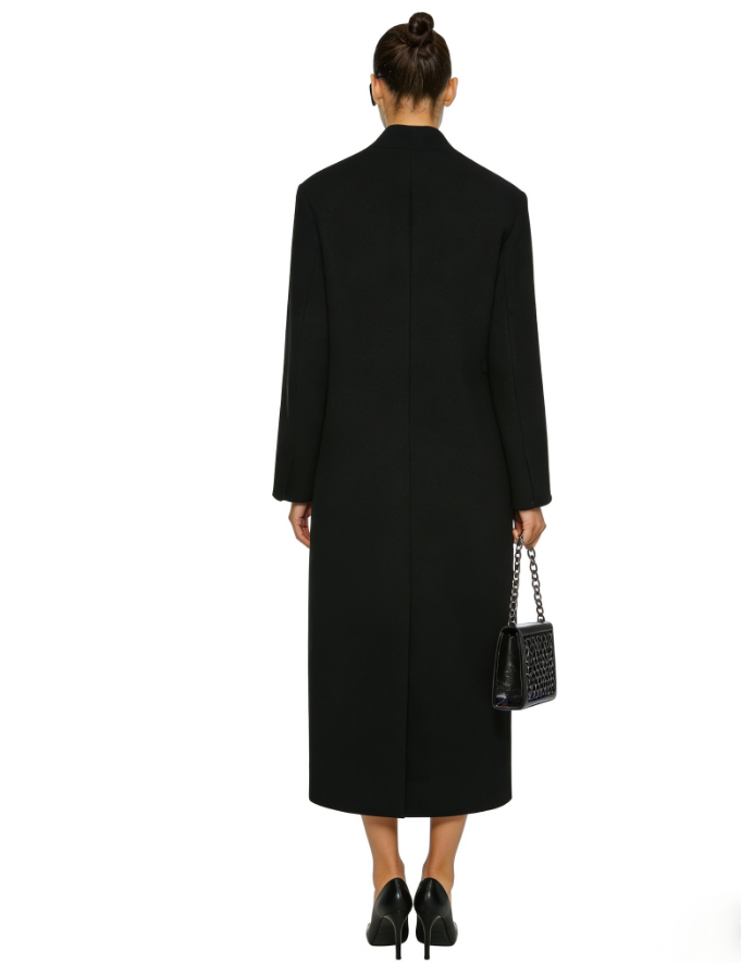 Faux Fur Collar Shoulder-Padded Waist-Cinching Long Wool Coat - Black