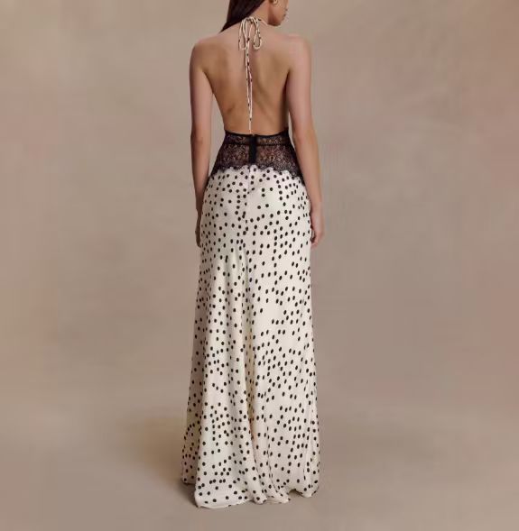 Polka Dot Halterneck High Waist Lace Maxi Dress