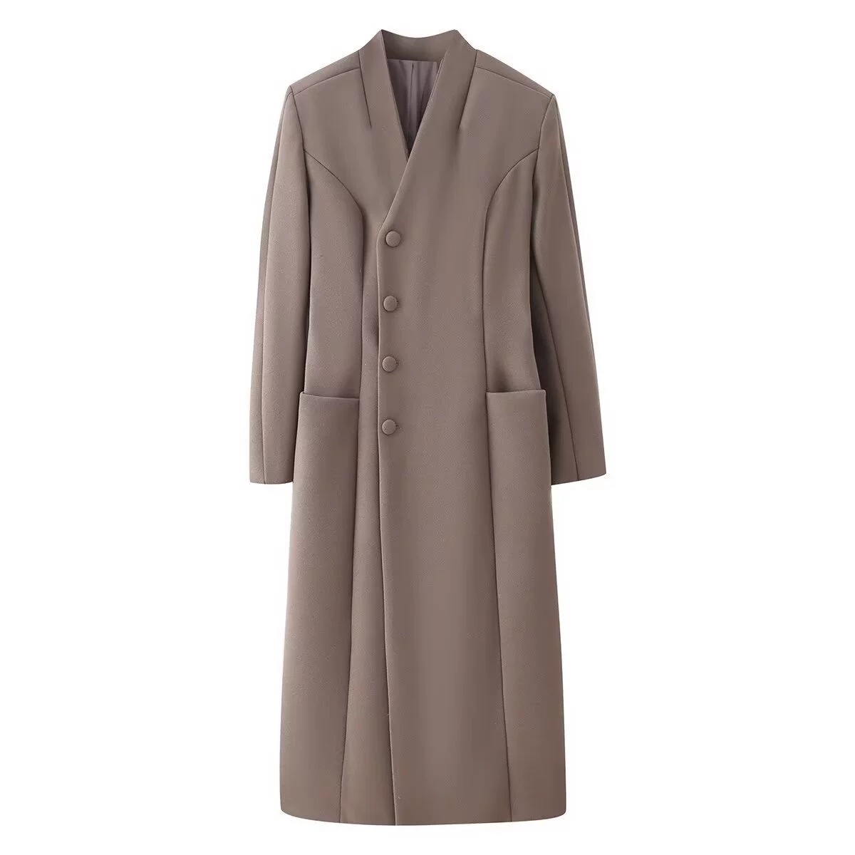 Faux Fur Collar Shoulder-Padded Waist-Cinching Long Wool Coat - Printed