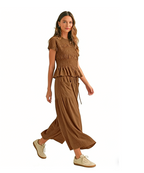 Sleeveless Top & Pleated High-Waist Wide-Leg Pants Set - Brown