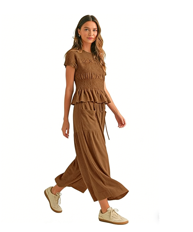 Sleeveless Top & Pleated High-Waist Wide-Leg Pants Set - Brown