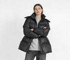 Hooded Drawstring Slim Zip-Up Cotton-Padded Coat - Black