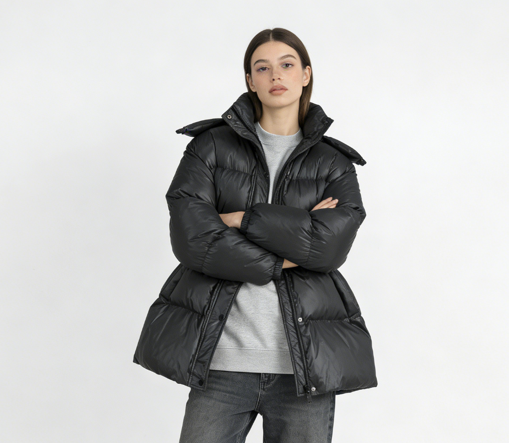 Hooded Drawstring Slim Zip-Up Cotton-Padded Coat - Black