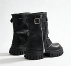 Denim Leather Lace-Up Chunky Heel Ankle Boots