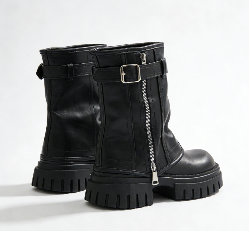 Denim Leather Lace-Up Chunky Heel Ankle Boots