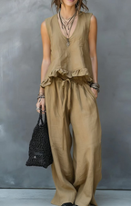 V-Neck Sleeveless Ruffle Hem Top & Wide-Leg Pants Set - Khaki
