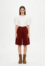 Red Corduroy Pleated Wide-Leg Cropped Pants - Red