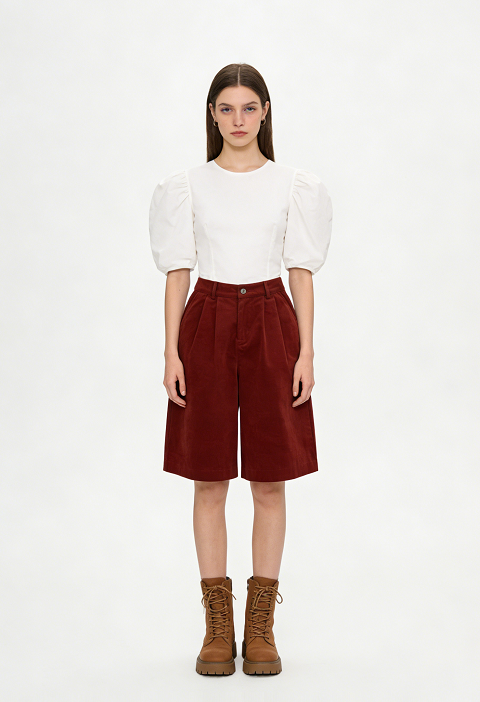 Red Corduroy Pleated Wide-Leg Cropped Pants - Red
