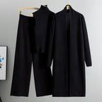 Knit Vest & Long Cardigan & Wide-Leg Pants 3-Piece Set - Black