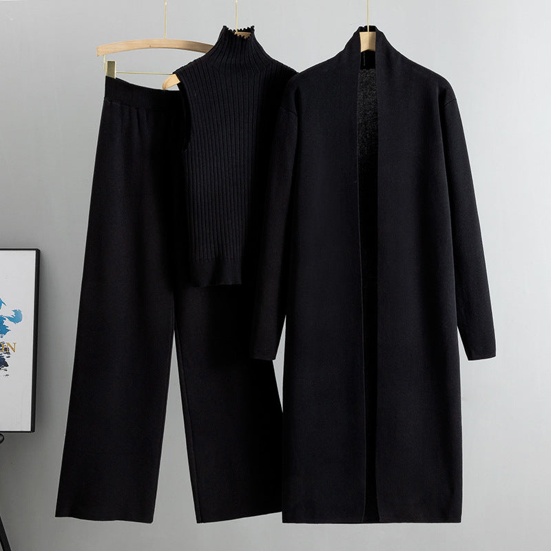 Knit Vest & Long Cardigan & Wide-Leg Pants 3-Piece Set - Black