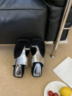 Korean Wedge Square-Toe Microfiber Slide Sandals - Silver