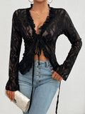 Bell Sleeve Slim-Fit Lace Top - Black